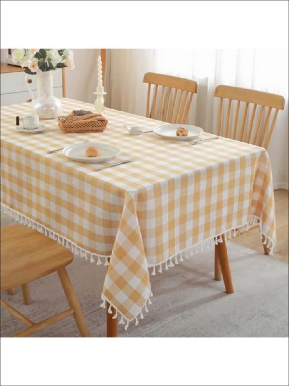 Cotton Linen Gingham Tablecloth Tassel 55x75 Rectangular Dining